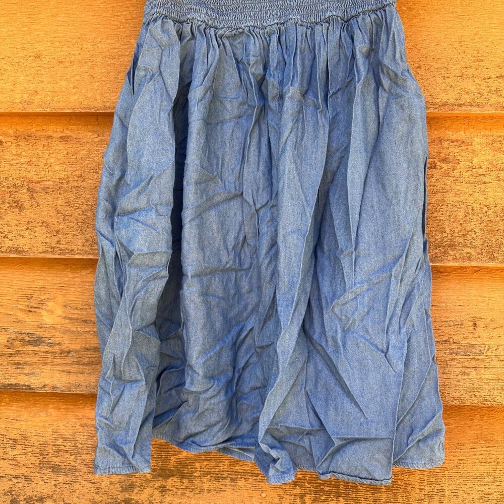 Off-The-Shoulder Chambray Dress With Floral Embroidery & Smocked Bodice Size S X - Picture 7 of 10